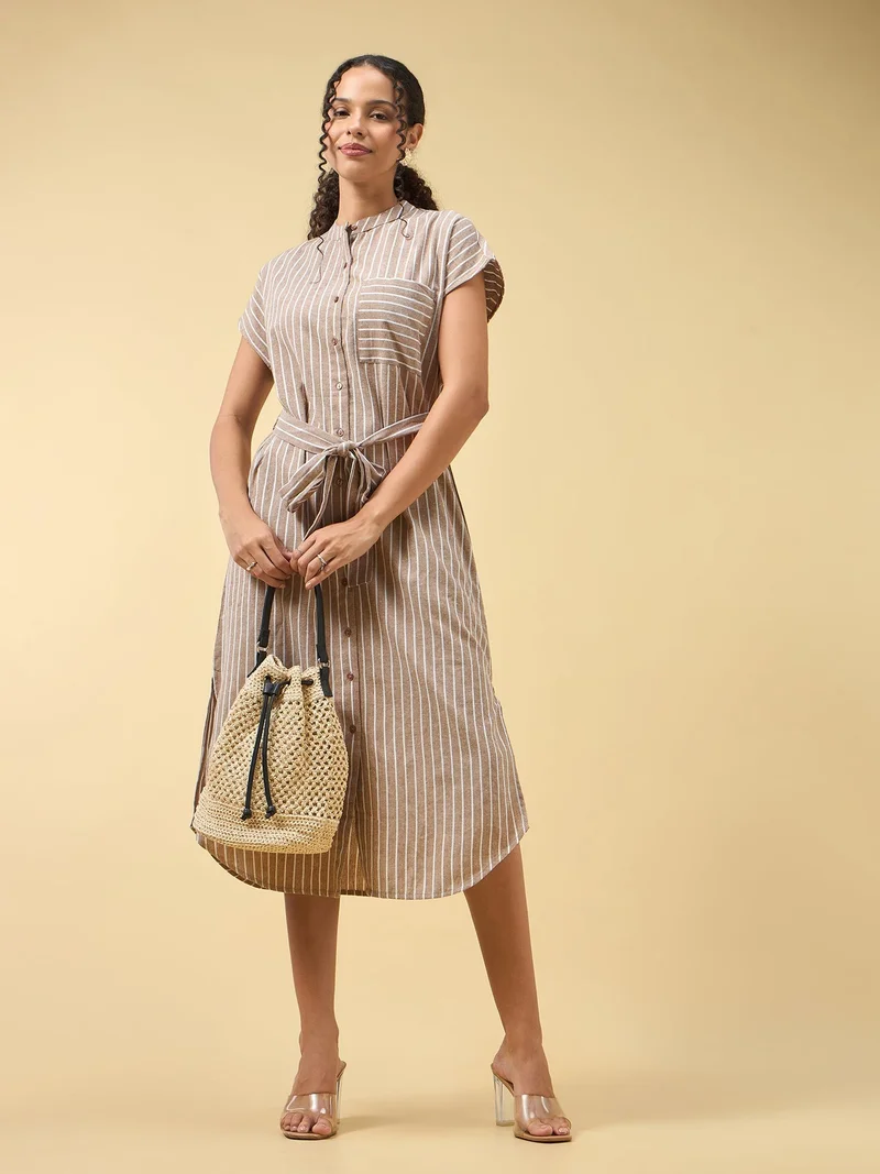 Outzidr  Beige Shirt Dress With Side Slits for Women | Best Price UAE